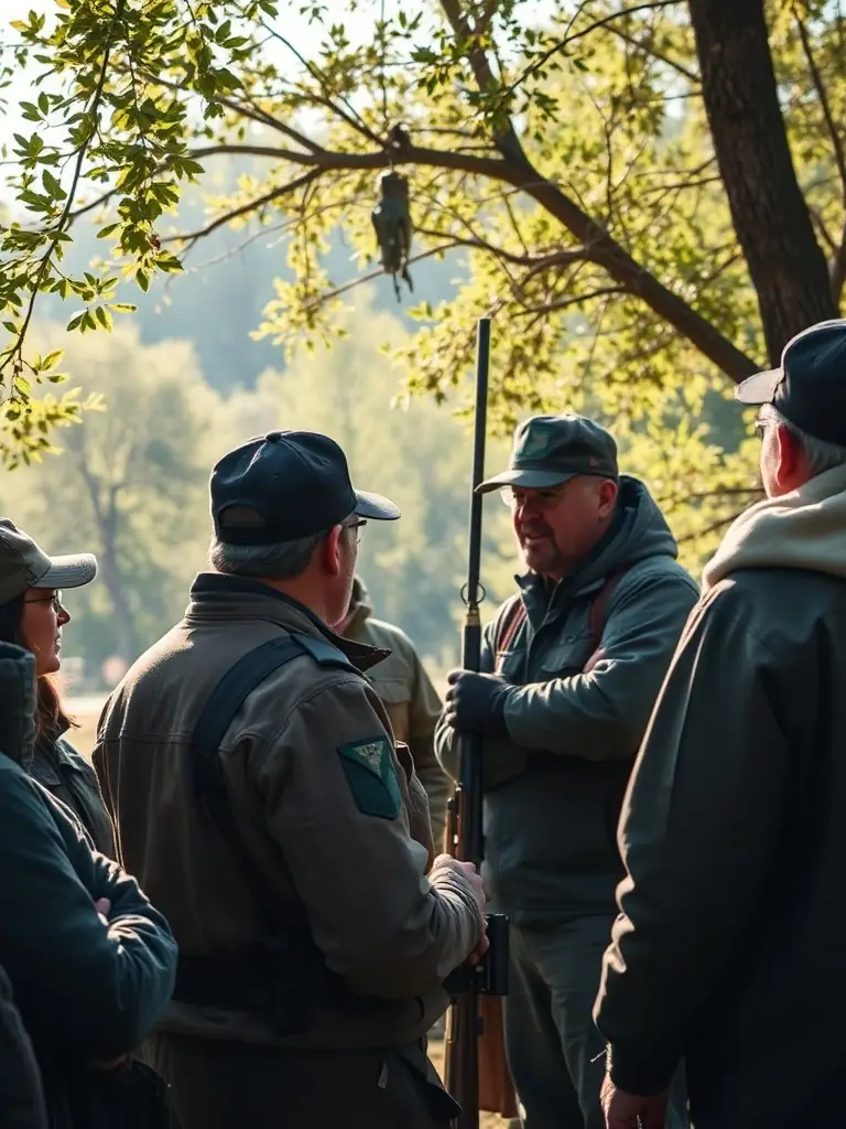 A photo of a training session where experienced hunters are teaching new members about ethical hunting practices and wildlife management techniques.