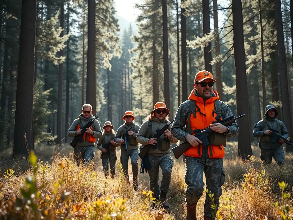 A group of hunters participating in a responsible hunting activity in a forest.