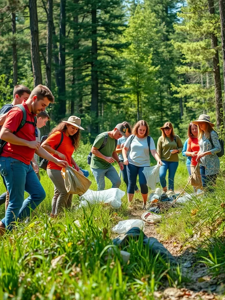 A photograph showcasing the ASSOCIATION COMMUNALE DE CHASSE AGREEE DE SANSAC DE MARMIESSE members cleaning up a local forest area, removing litter and debris to improve the environment for wildlife.