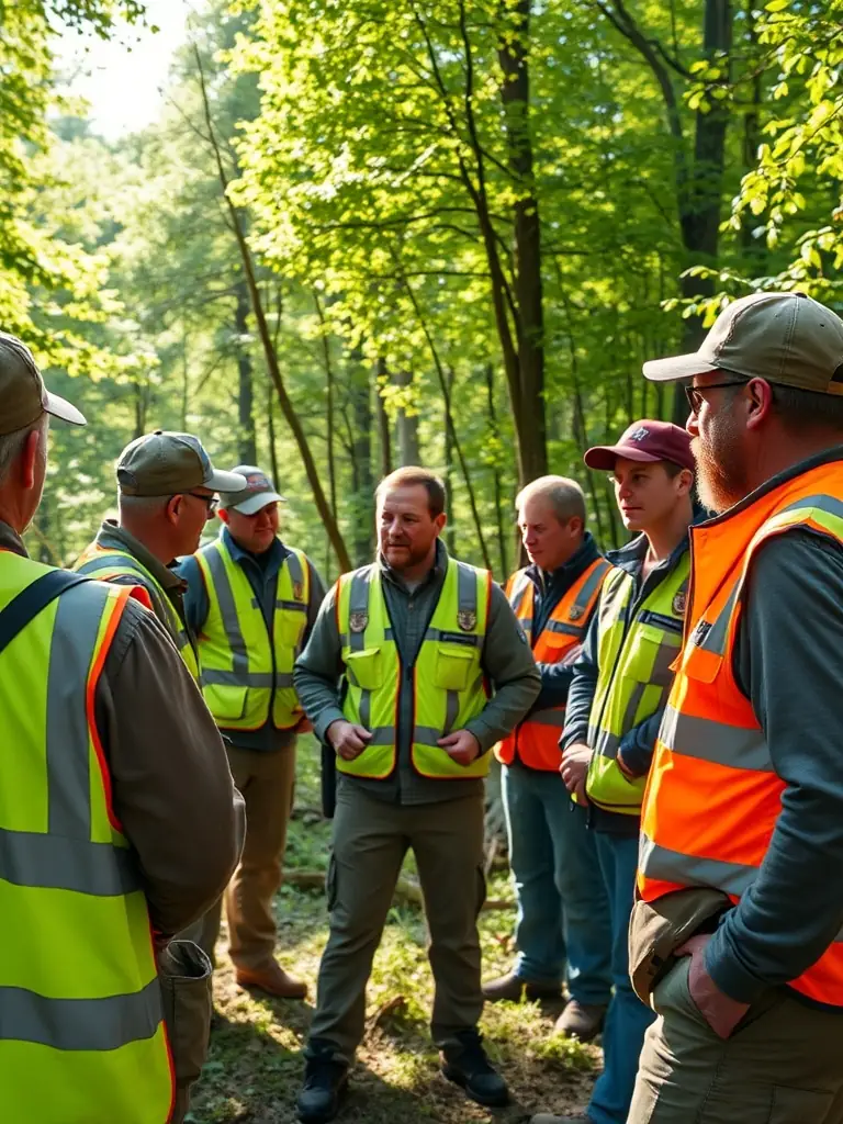 A photograph of a training session where members of the ASSOCIATION COMMUNALE DE CHASSE AGREEE DE SANSAC DE MARMIESSE are learning about ethical hunting practices and wildlife conservation from an expert.