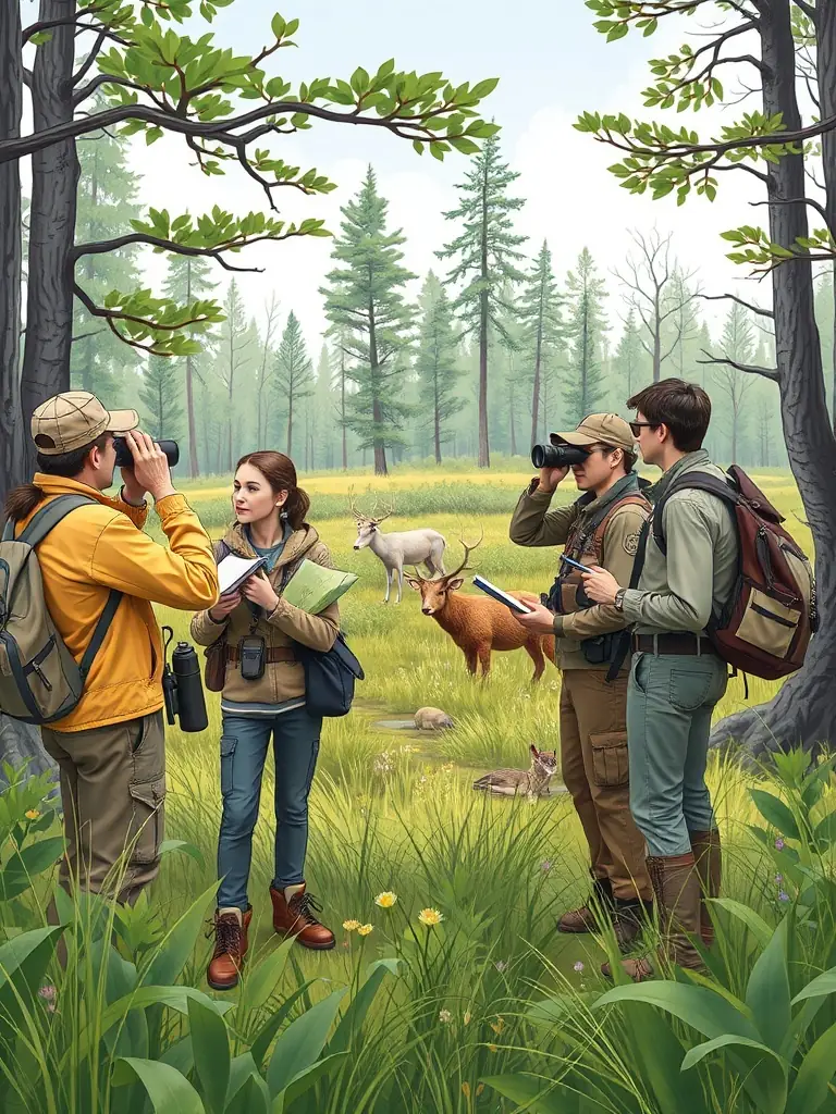 An image showcasing a wildlife monitoring activity, with members using binoculars and tracking devices to observe and record animal populations in their natural habitat.
