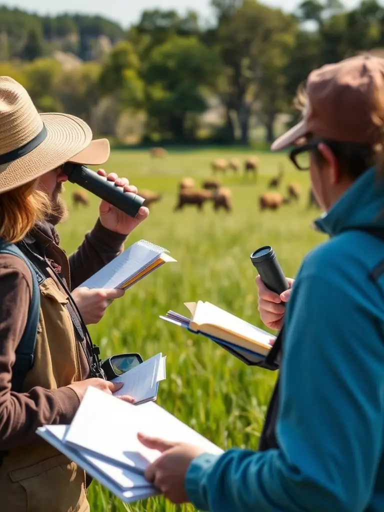 A photograph depicting members of the ASSOCIATION COMMUNALE DE CHASSE AGREEE DE SANSAC DE MARMIESSE participating in a wildlife census, using binoculars and notebooks in a natural habitat setting.