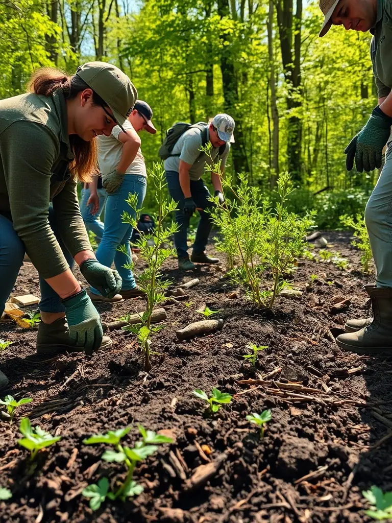 An image of volunteers planting trees as part of a habitat restoration project in the local area, emphasizing the organization's commitment to conservation.
