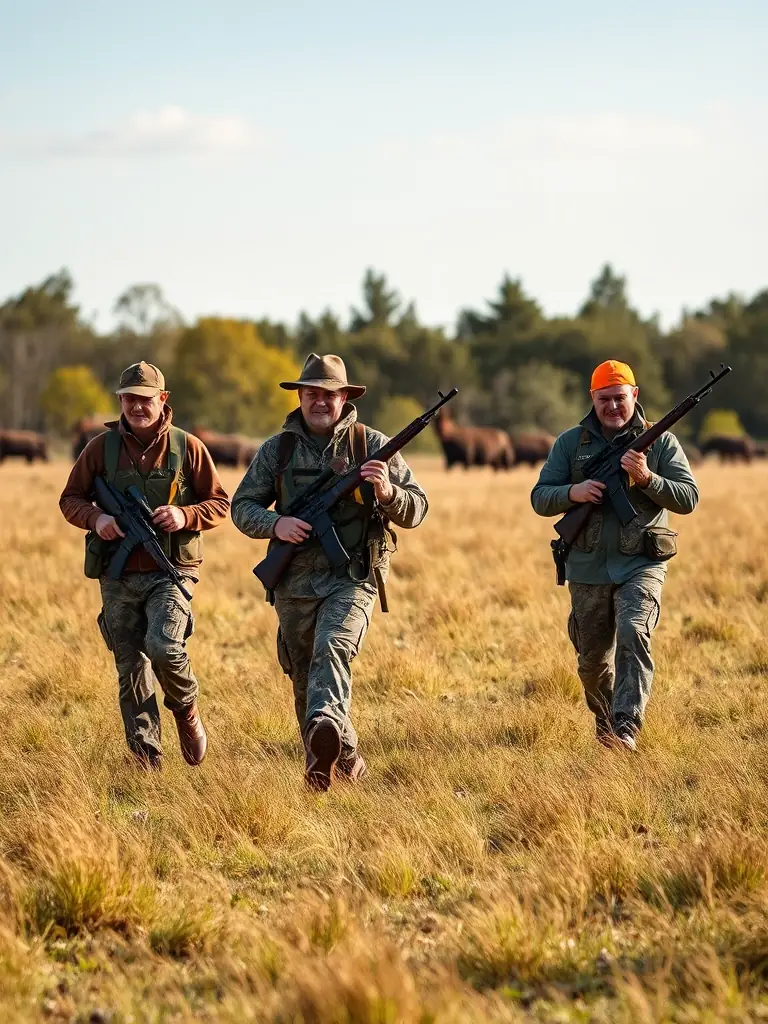A photograph capturing a group of hunters participating in a controlled hunt in the Sansac-de-Marmiesse area, showcasing responsible hunting practices.