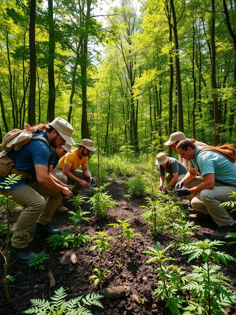 A photograph capturing a group of association members participating in a habitat restoration project, planting native trees and shrubs to enhance local biodiversity.